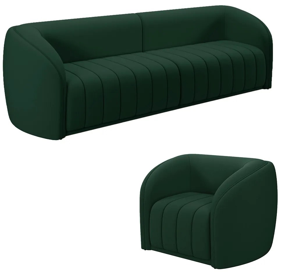 Conjunto Sala de Estar Sofá 332cm 4 Lugares e Poltrona Adam Veludo Verde G45 - Gran Belo