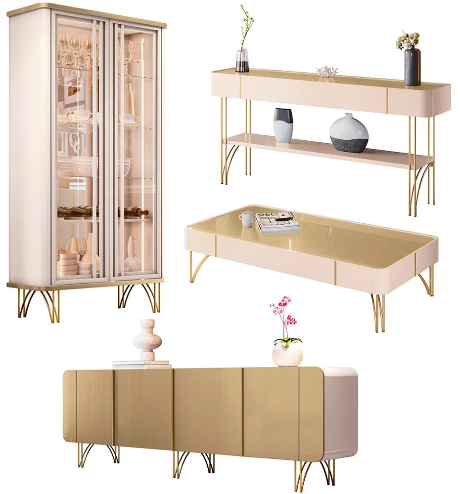 Conjunto 1 Cristaleira 1 Buffet 1 Mesa de Centro 1 Aparador Texas/Virginia/Rennes Off White/Champagne G26 - Gran Belo