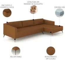 Sofá 5 Lugares 366cm Com Chaise Direito Eko Couro Caramelo Z55 - Mpoze
