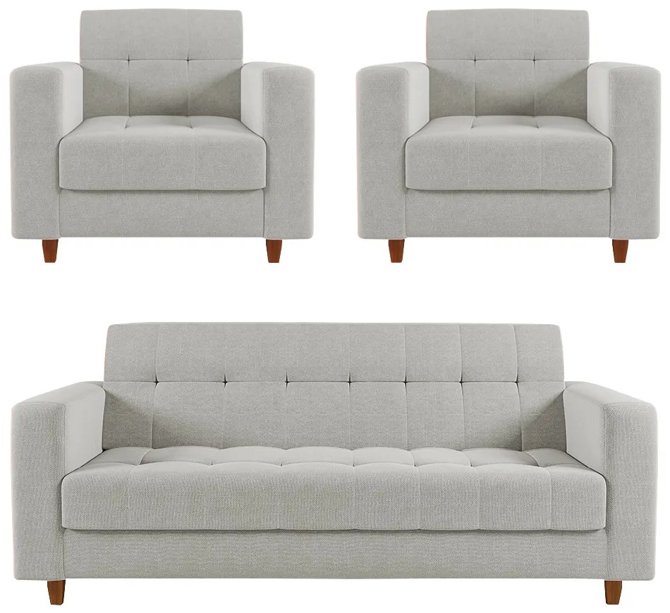 Kit 01 Sofá 3 Lugares e 02 Poltronas Arezzo Linho Cinza A05 Pés Chanfrado Castanho - D'Rossi