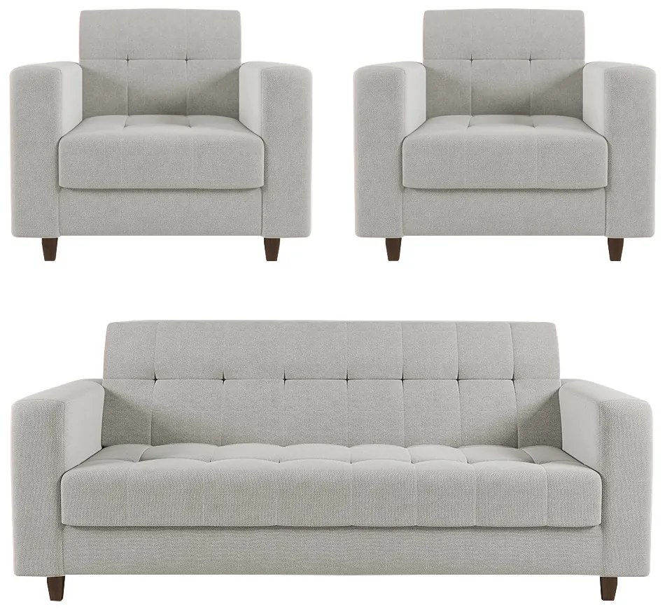 Sofá 2 Lugares e 2 Poltronas Pé Madeira Tabaco Arezo Linho D01 - D'Rossi - A05 Cinza