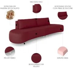 Sofá 3 Lugares 180cm Orgânico Pé Ferro Nagai Veludo Bordo Z55 - Mpozen
