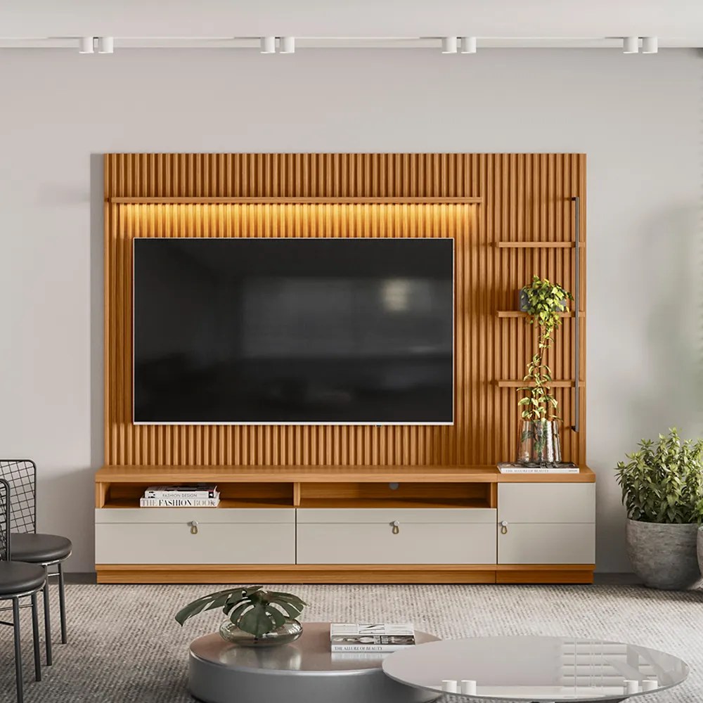 Painel para TV até 75 Polegadas Ripado Betina com Rack Bancada e Módulo Lateral Direito Nature e Off White 224x198 cm L04 - D'Rossi