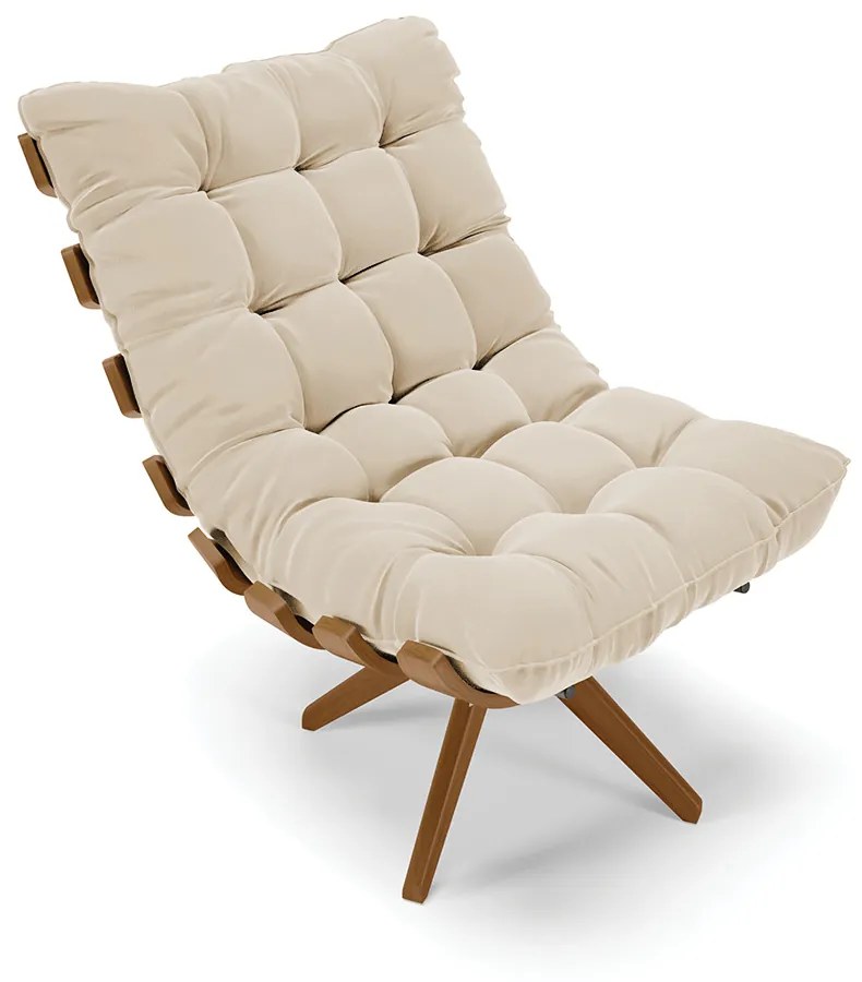 Poltrona com Puff Giratório Costela Suede Bege Base de Madeira MA30 M11 - D'Rossi