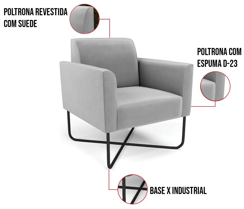 Poltrona Base X Industrial Preto Marisa Suede - Cinza