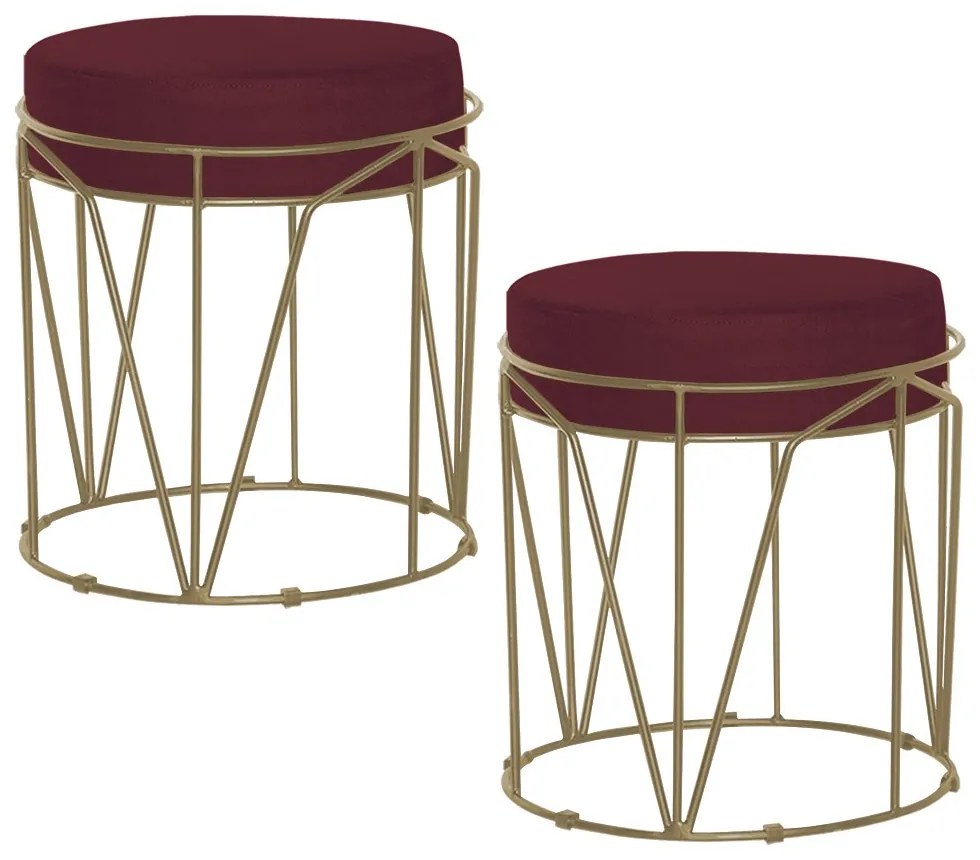 Kit 2 Puffs Decorativo Sala de Estar Base Gold Chloe Suede Bordô G41 - Gran Belo