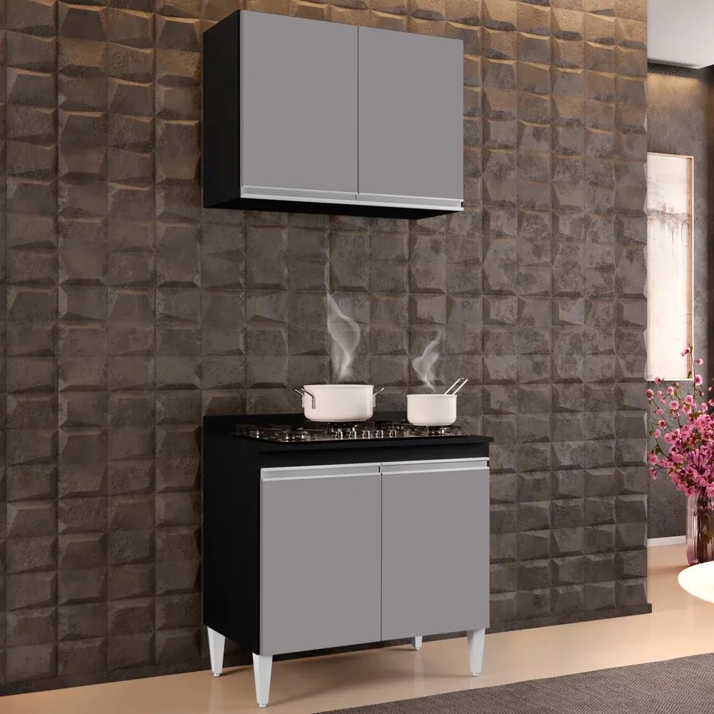 Kit Armário Aéreo e Balcão para Cooktop de Cozinha 02 Portas Diana 80 cm L06 - D'Rossi - Preto e Cinza