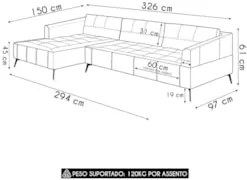 Sofá 5 Lugares 326cm Com Chaise Esquerdo Eko Couro Bege Z55 - Mpozenat