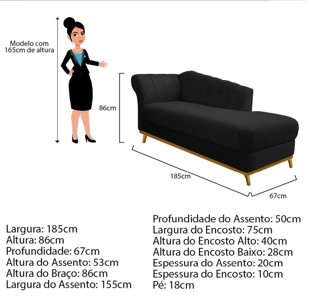 Recamier Vanessa 185cm Lado Esquerdo Suede Preto - ADJ Decor