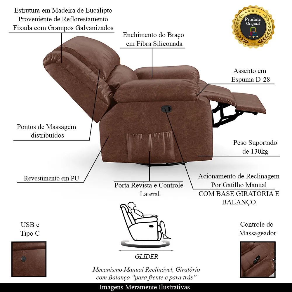 Poltrona do Papai Reclinável Sala de Cinema Madrid Glider Manual Giratória Massagem USB PU Marrom Brilho G23 - Gran Belo