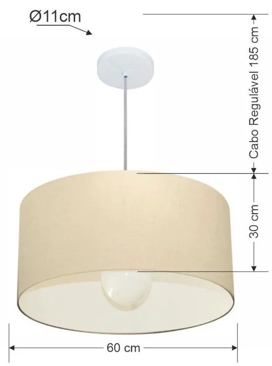 Lustre Pendente Cilíndrico Md-4169 Cúpula em Tecido 60x30cm Algodão Crú - Bivolt