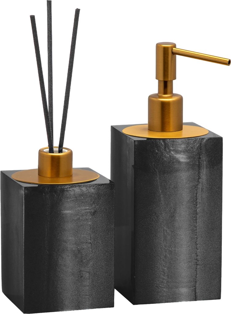 Conjunto Banheiro Duo Quadrado Resina - Chumbo - Ouro Escovado  Chumbo - Ouro Escovado