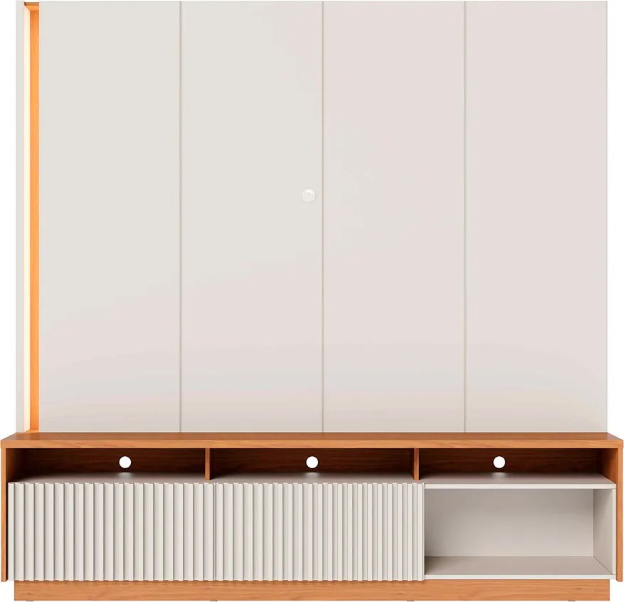 Home Estante Orlo 200cm TV até 75 Fitas LED Portas Deslizantes MDP/MDF Off White/Freijó G73 - Gran Belo