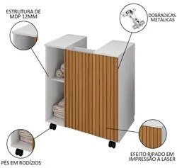 Gabinete Para Banheiro 55cm 1 Porta Com Rodízios Pequin Branco/Ripado