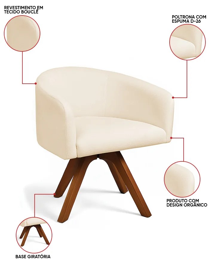 Poltrona Sala Base Giratória Madeira Kit 2 Arielle Bouclê D03 - D'Rossi - Bege