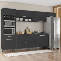 Armário de Cozinha Com Tampo CP06 310cm Pérola Preto Z34      - Mpozen