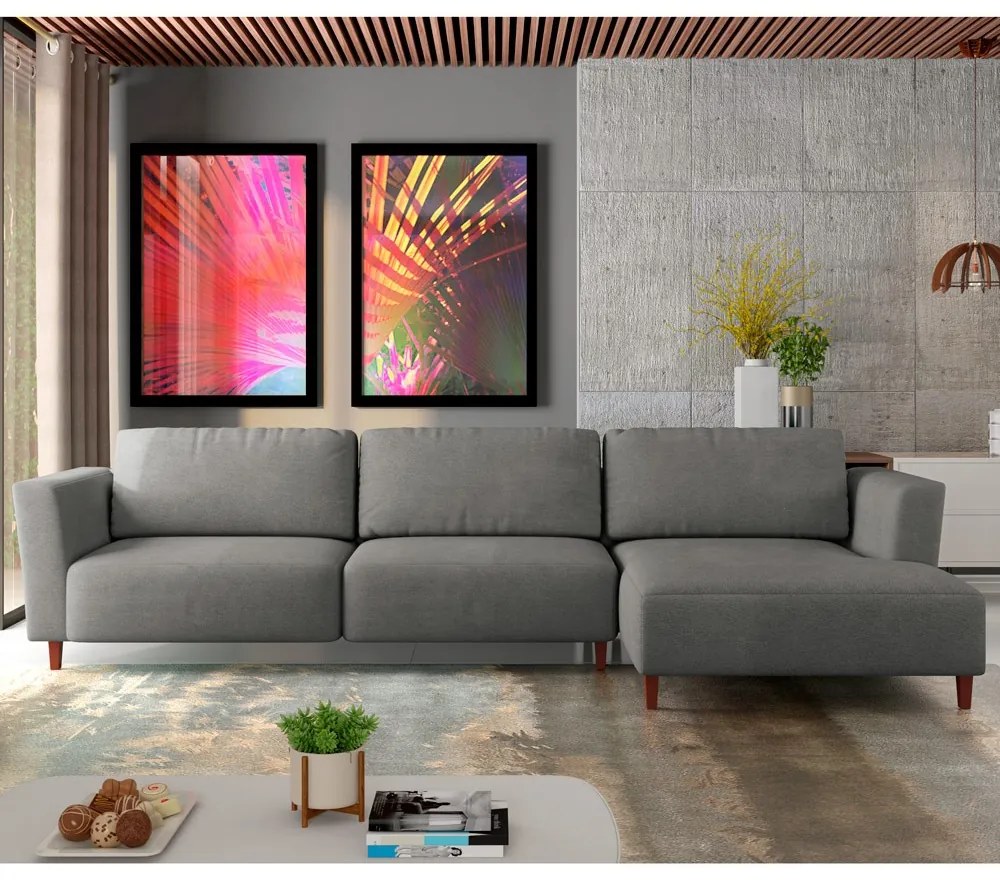 Sofá 370cm com Chaise Direita Franz Suede Grafite G52 - Gran Belo