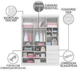 Guarda Roupa Infantil 3 Portas 4 Gavetas Pérola Branco - Phoenix