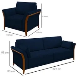 Kit Sofá Living 3 Lugares e Poltrona 102cm Pés Madeira Roya Z32 Veludo