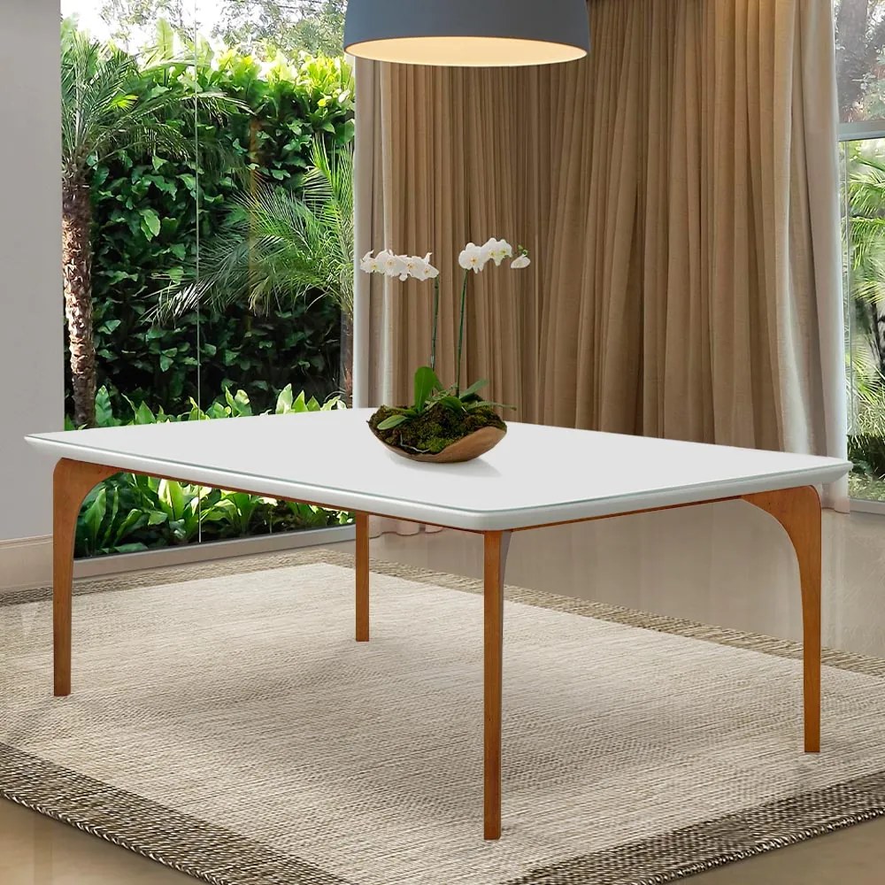 Mesa Sala de Jantar 8 Lugares 218cm Tampo com Vidro Dinamarca Branco/Mel G13 - Gran Belo