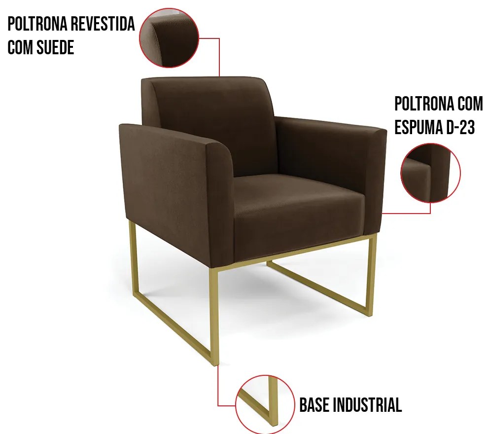 Kit 2 Poltronas Base Industrial Dourado Marisa Suede - Marrom