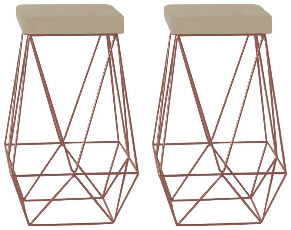 Kit 2 Banqueta Decorativa Kathy Base Bronze Veludo Bege G41 - Gran Belo