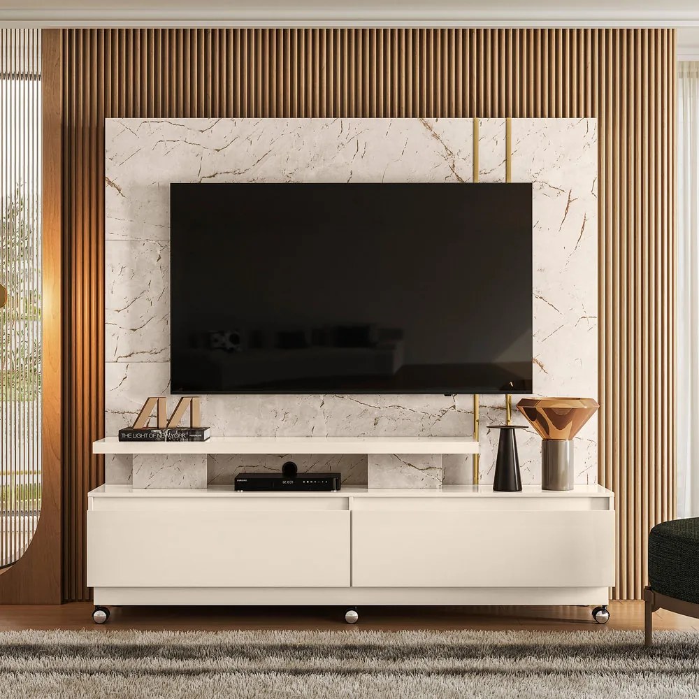 Estante de TV 75 Pol 183cm com Rodízio Sala Belora Calacata/Off White M20 - D'Rossi