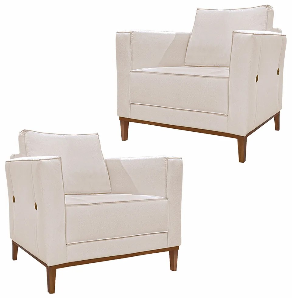 Kit 2 Poltronas Decorativas Pés em Madeira Tarantino Linho Pérola G63 - Gran Belo