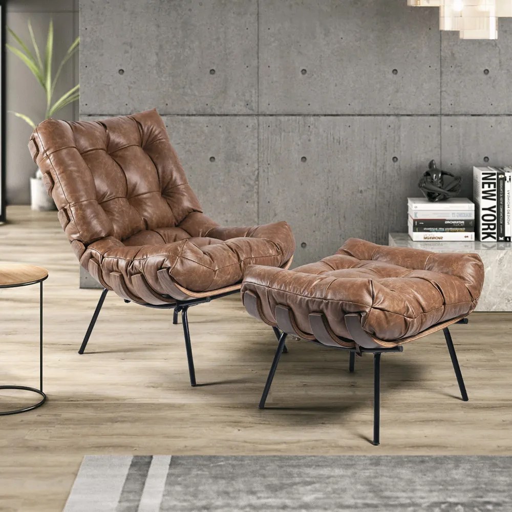 Poltrona Costela Couro Base Metálica Preto L02 - D'Rossi - Nozes