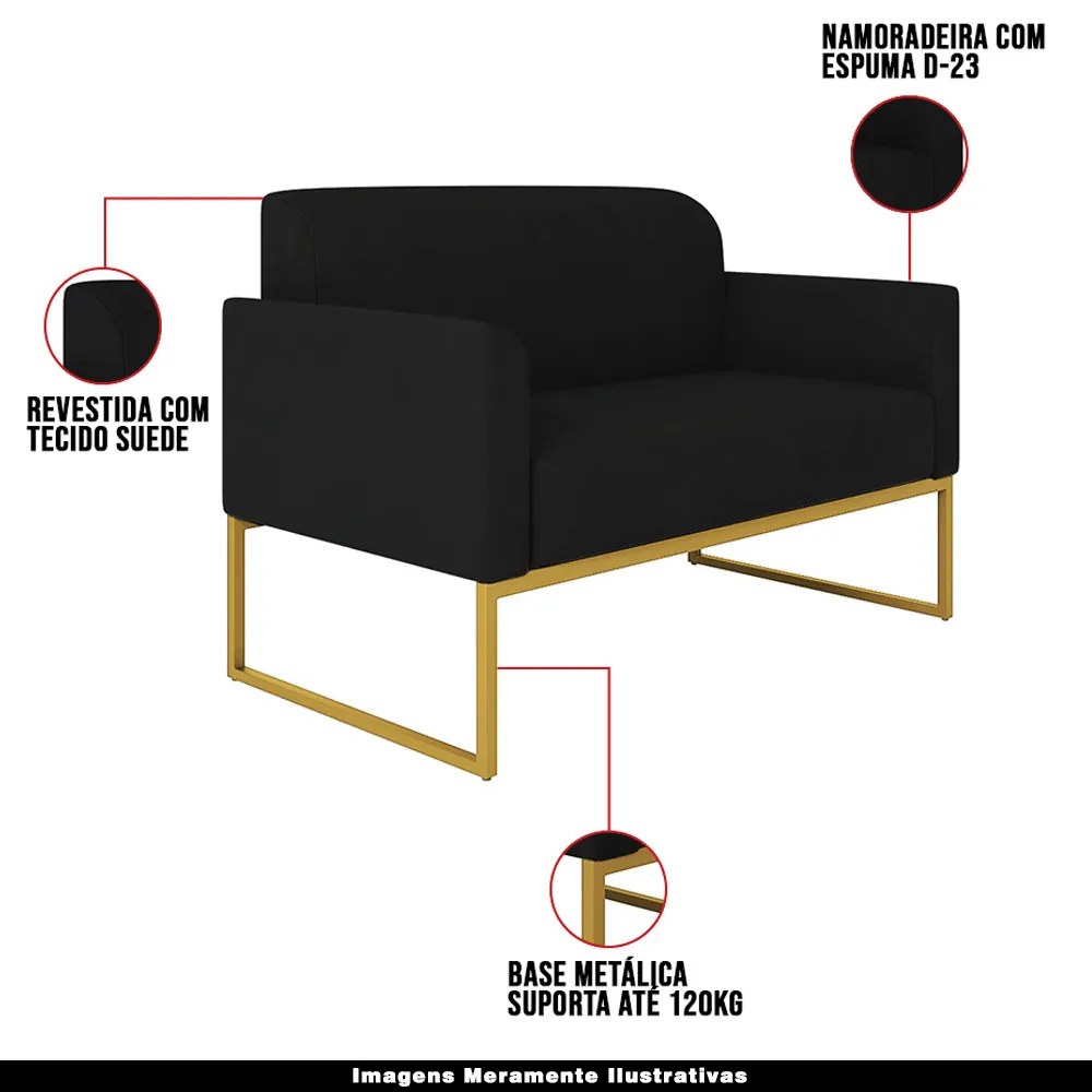 Poltrona Namoradeira Decorativa Isabella Base Industrial Suede Preto/Dourado G19 - Gran Belo