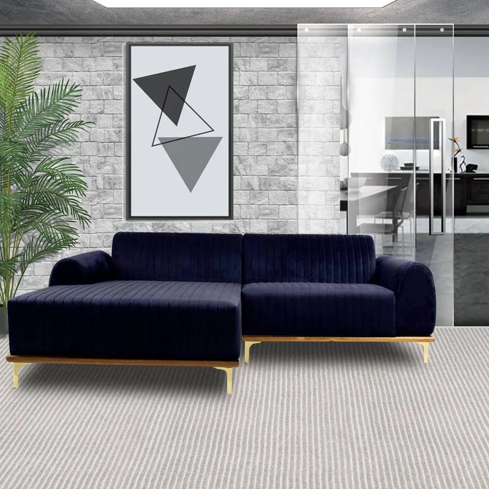 Sofá 4 Lugares Bipartido com Chaise Lado Direito Base de Madeira Euro 255 cm Veludo Azul G15 - Gran Belo