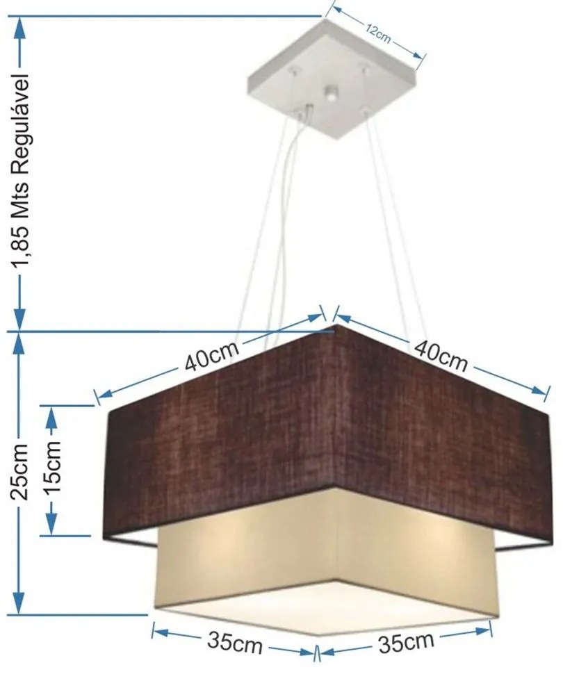 Lustre Pendente Duplo Quadrado Vivare Md-4157 Cúpula em Tecido 40x35cm Café / Bege - Bivolt