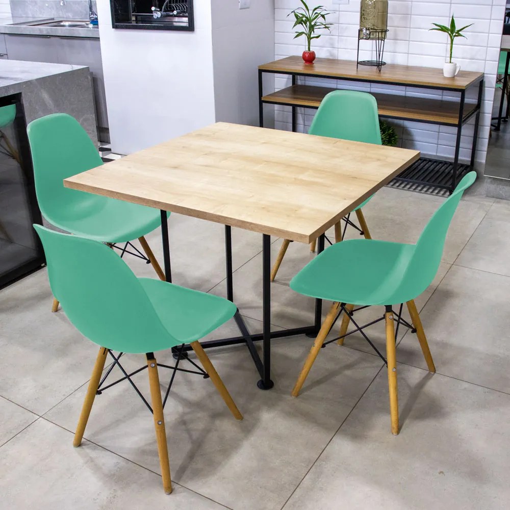Kit 04 Cadeiras Eiffel Azul Turquesa e 01 Mesa de Jantar 04 Lugares Jade 90 cm Natural Base Metálica Industrial Preto - D'Rossi