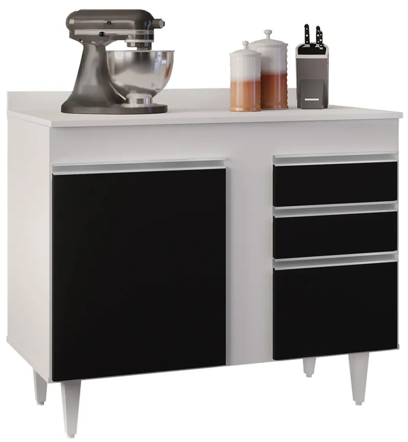 Balcão de Cozinha Lavanderia com Tampo 02 Gavetas Bia 100 cm L06 - D'Rossi - Branco e Preto