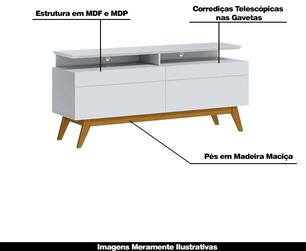 Rack Bancada 2 Gavetas com Nicho 146cm Amy Branco Acetinado G29 - Gran Belo