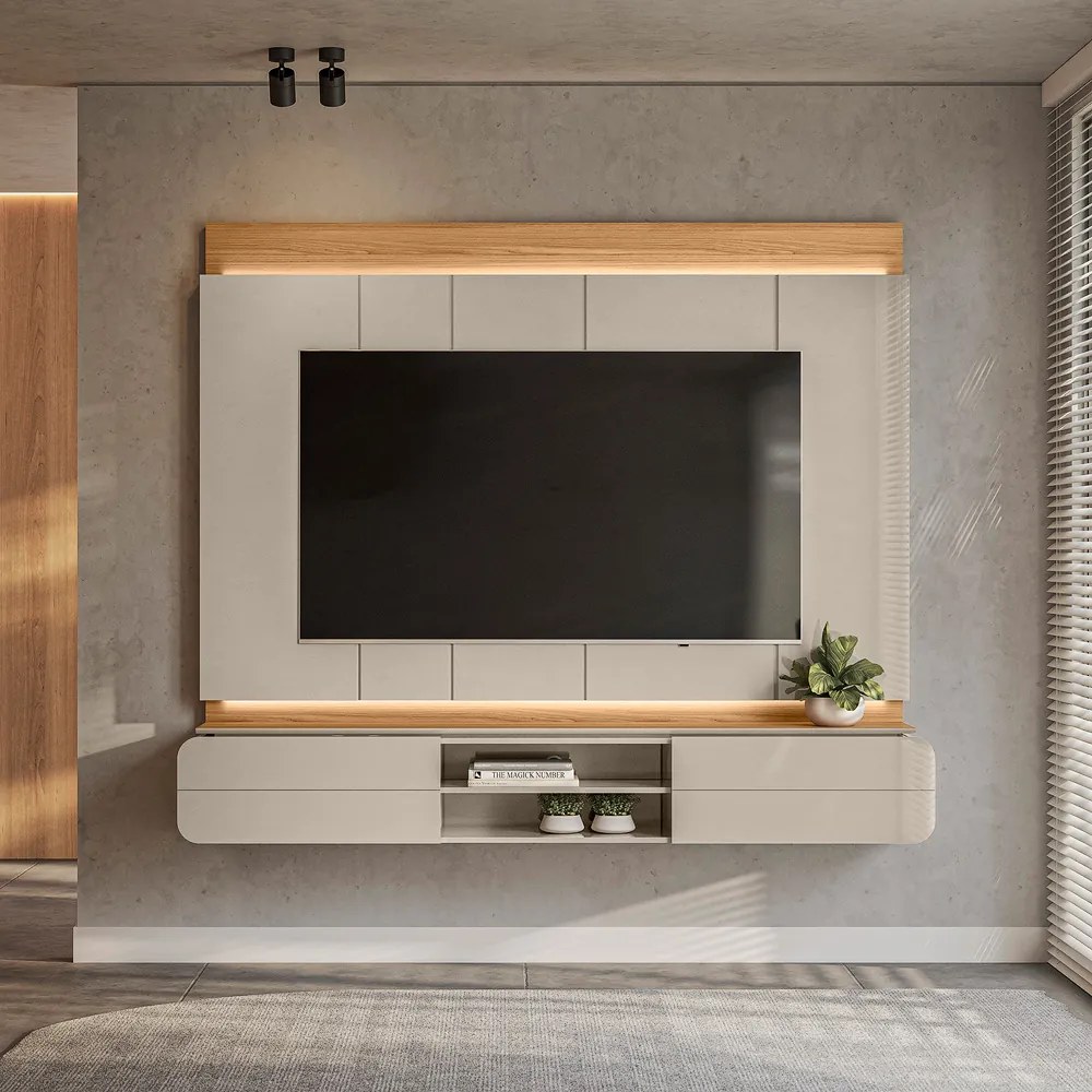 Painel Home Decorativo Zendaya MDP/MDF TV até 75 Polegadas Portas Tauari/Off White G77 - Gran Belo