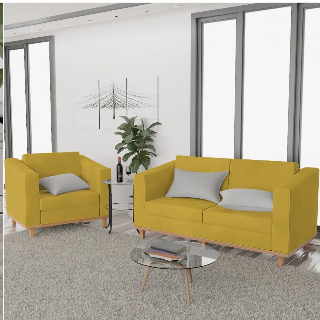 Kit Sofá 2 Lugares e Poltrona Europa Suede Amarelo ADJ Decor