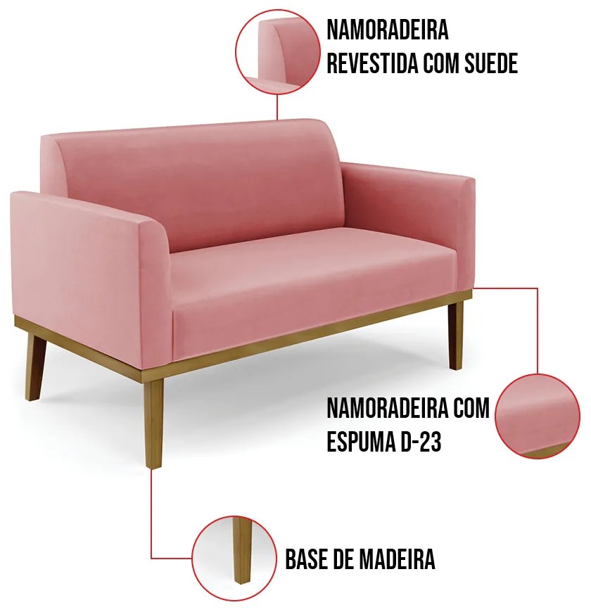 Sofá Namoradeira Base de Madeira Fixa Castanho Marisa Suede - Rose