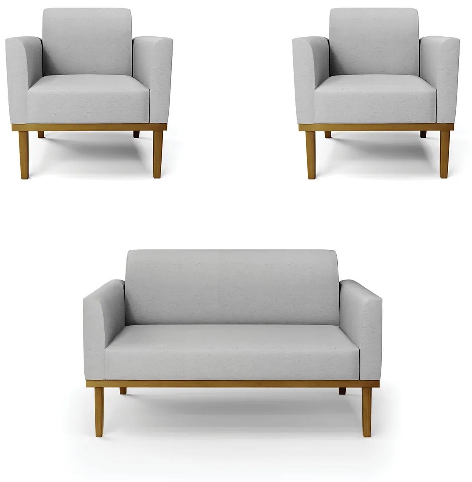 Conjunto 2 Poltronas e 1 Namoradeira Decorativa Isabella Pés Fixo em Madeira Castanho Linho Cinza G19 - Gran Belo