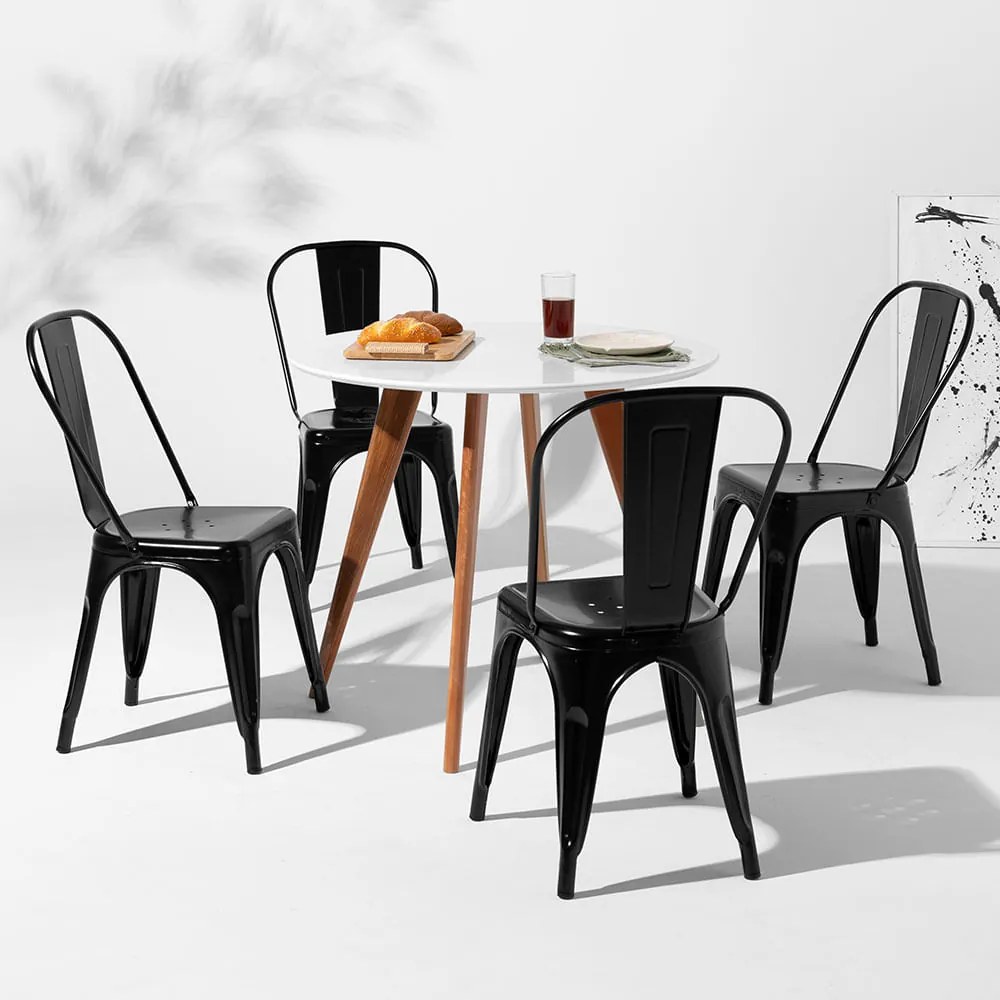 Conjunto Mesa Square Redonda Branco - 88cm + 4 Cadeiras Tolix - Preto - Conjunto Mesa Square Redonda Tampo Branco Fosco Diâmetro 88cm com 4 Cadeiras Tolix Preta Nova Versão