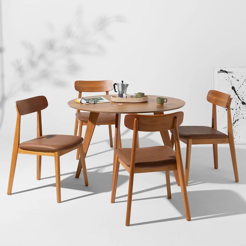 Conjunto Mesa de Jantar Square Redonda Freijó - 1,08m + 4 Cadeiras Nord Encosto Madeira - Cognac