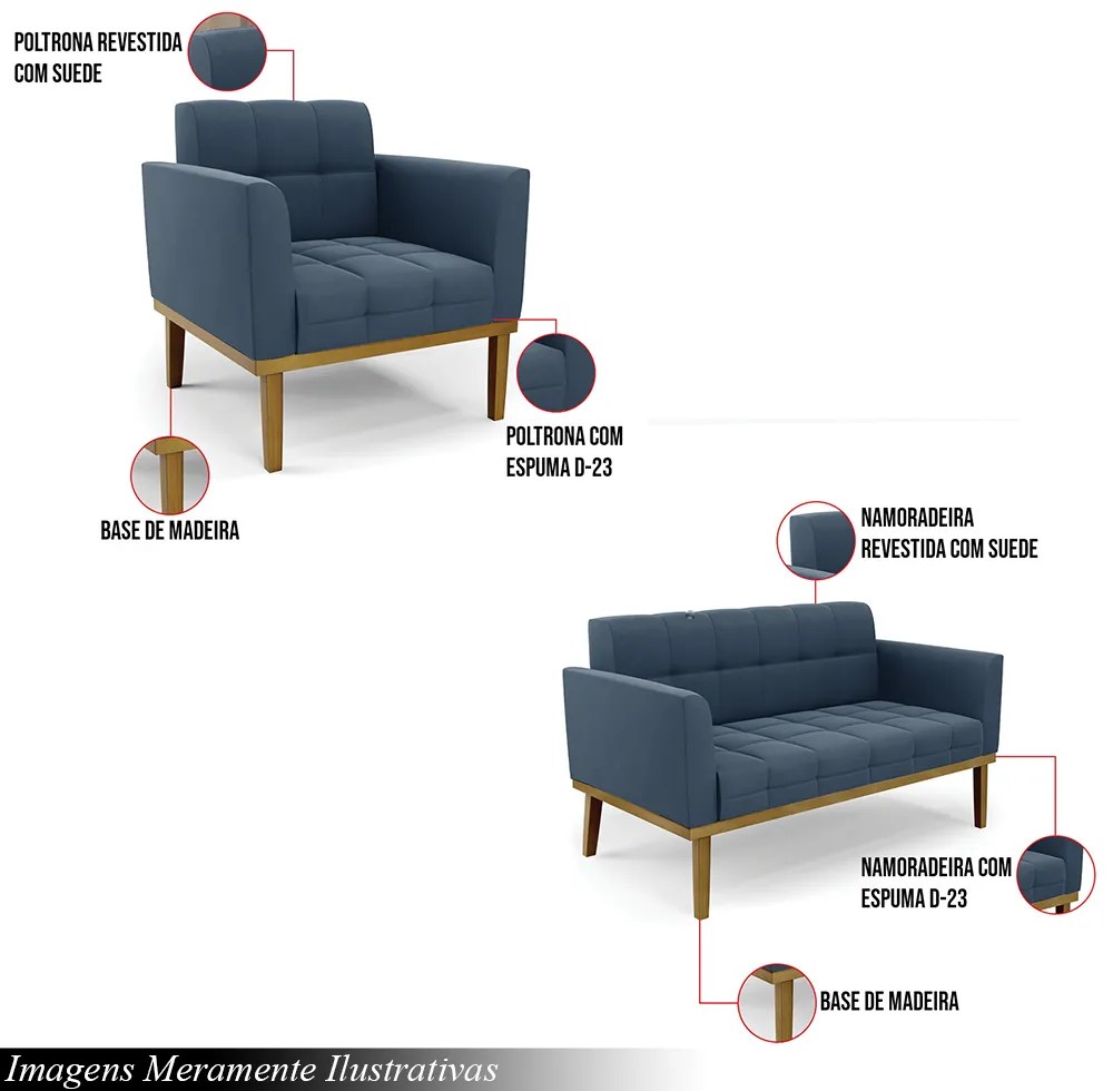 Conjunto Poltrona e Namoradeira Decorativas Karen Pés Fixo em Madeira Castanho Suede Azul Marinho G19 - Gran Belo