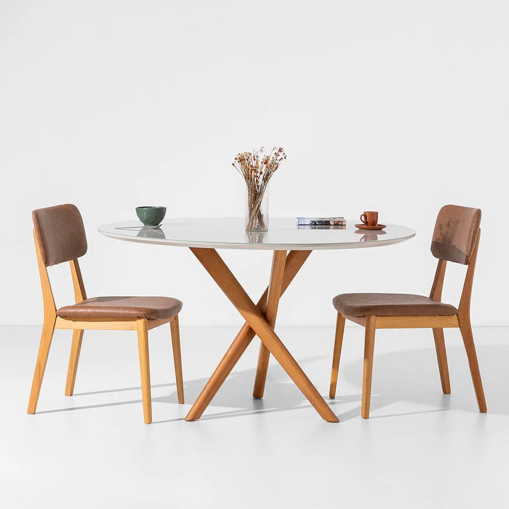 Conjunto Mesa de Jantar Thai Redonda Off White - 1,20m + 2 Cadeiras Lalá Estofada