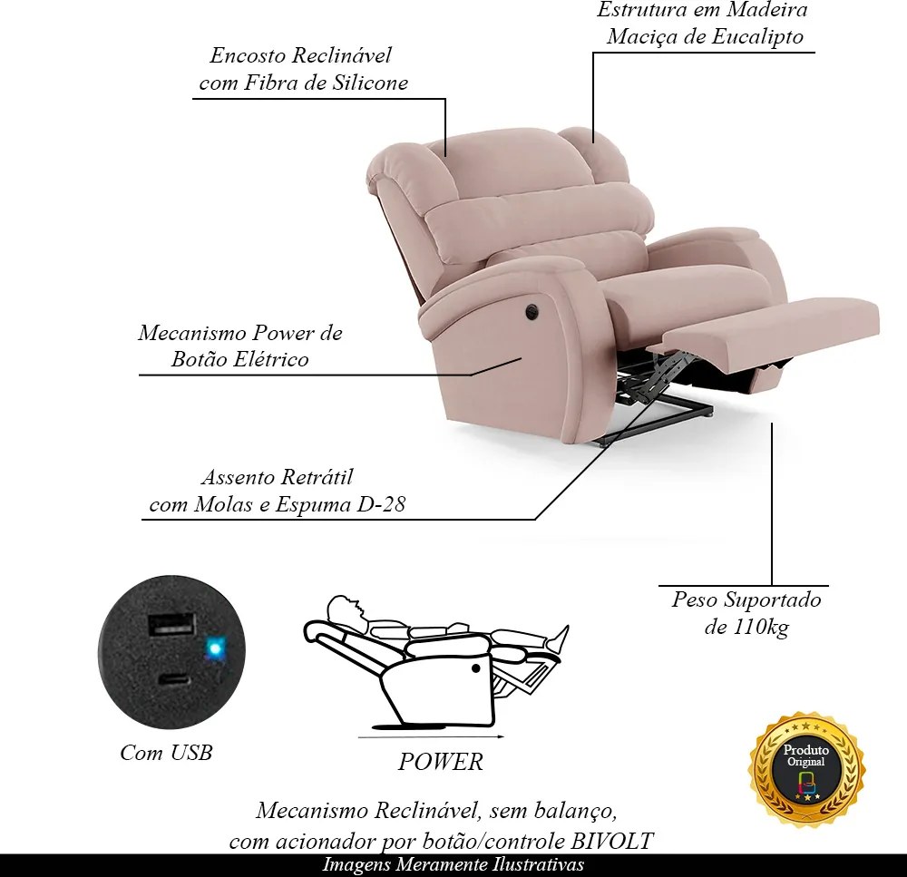 Poltrona do Papai Sala de Cinema Reclinável Kylie Power Elétrica USB Veludo Rosê G23