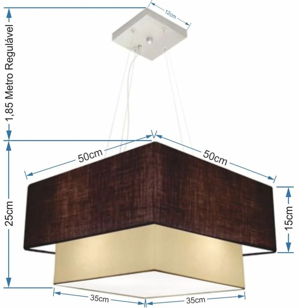 Lustre Pendente Duplo Quadrado Vivare Md-4066 Cúpula em Tecido 50x35cm Café - Bege - Bivolt