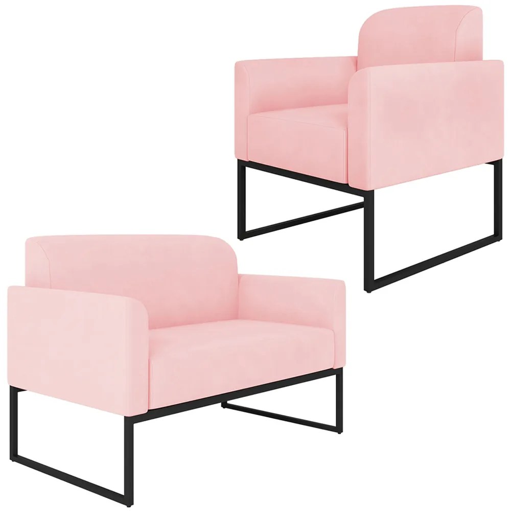 Conjunto Namoradeira e Poltrona Decorativa Isabella Base Industrial Suede Rosa Bebê/Preto G19 - Gran Belo