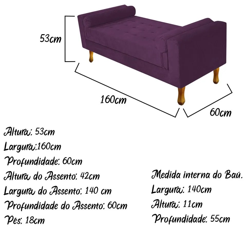 Recamier Baú Félix Queen Size 160cm Suede Roxo - ADJ Decor