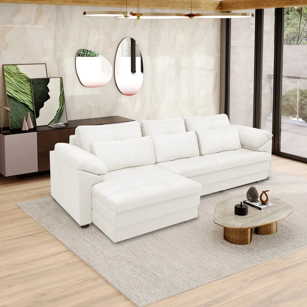 Sofá Retrátil Elétrico Sala de Estar Nolan Bipartido 332cm Conforto Premium em Couro Branco G58 - Gran Belo