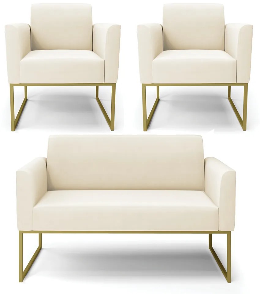 Sofá Namoradeira com 2 Poltronas Base Industrial Dourado Marisa Veludo D03 - D'Rossi - Bege