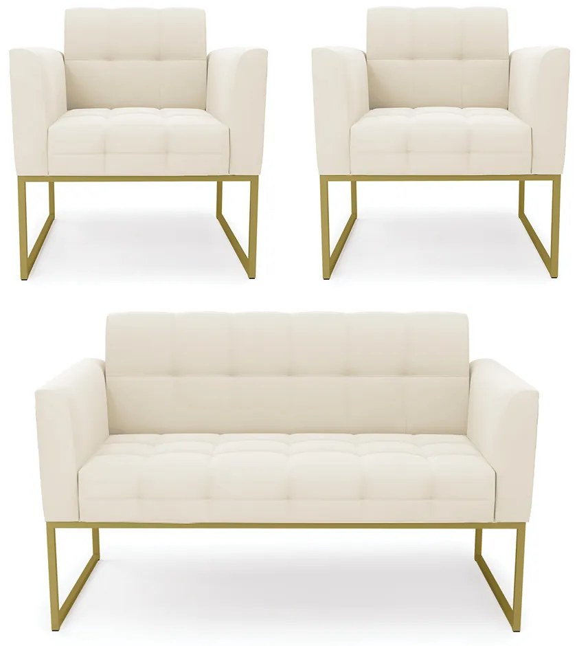 Kit 1 Sofá Namoradeira e 2 Poltronas Elisa Veludo Base Metálica Industrial Dourado - D'Rossi - Bege